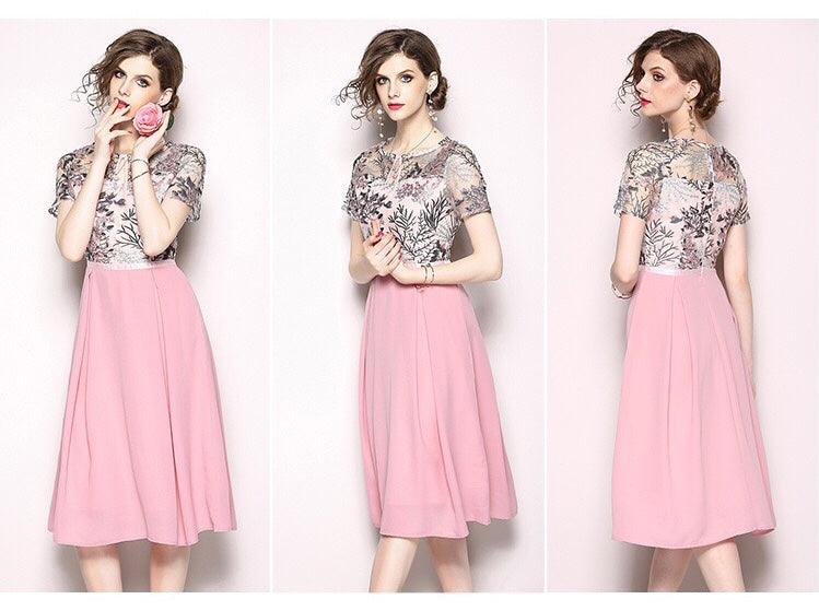 Pink Floral Embroidered Chiffon Dress