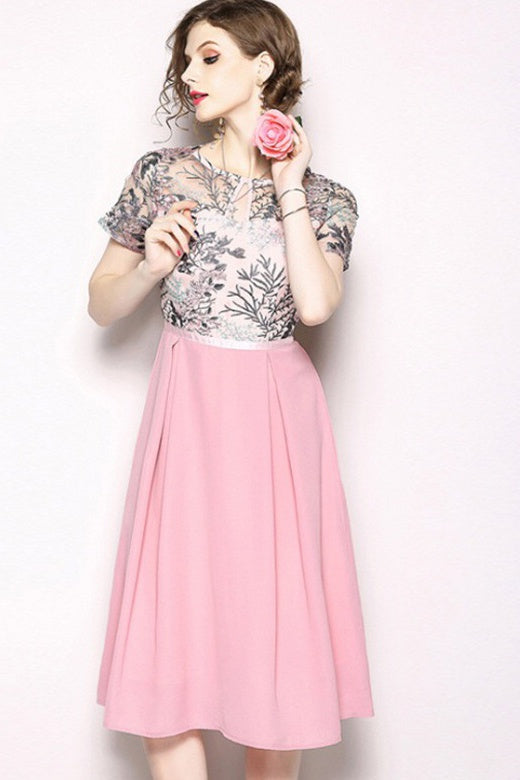 green emerald velvet dress Pink Floral Embroidered Chiffon Dress - Midi Dress