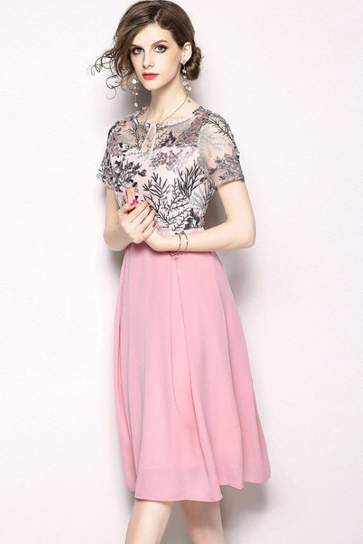 Pink Floral Embroidered Chiffon Dress