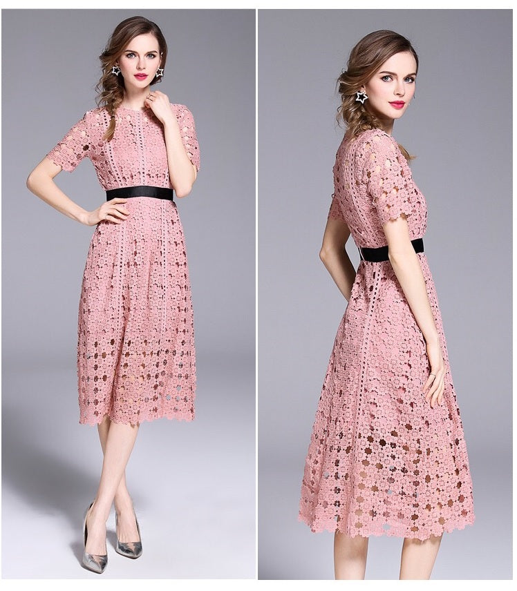 Pink Lace Dress W/ Contrast Band