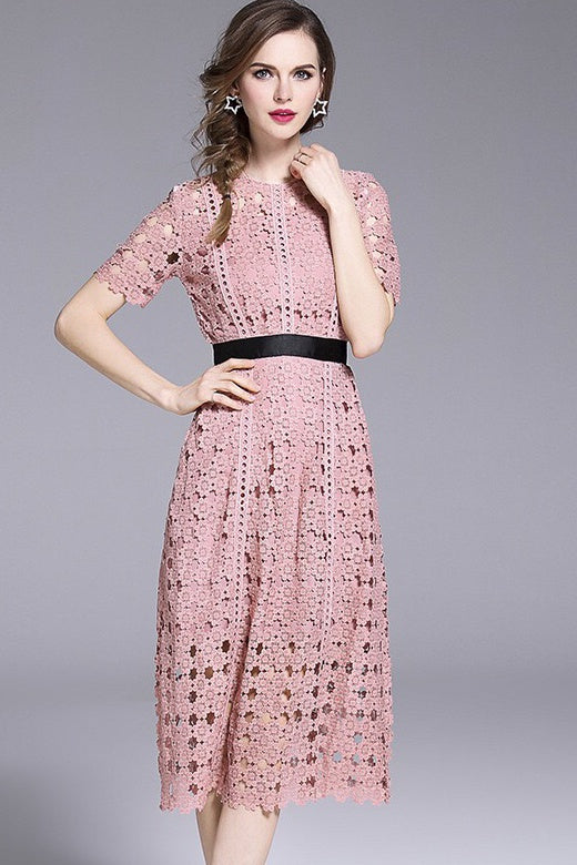 slim fit dress slacks Pink Lace Fit and Flare Dress with Contrast Waist Band