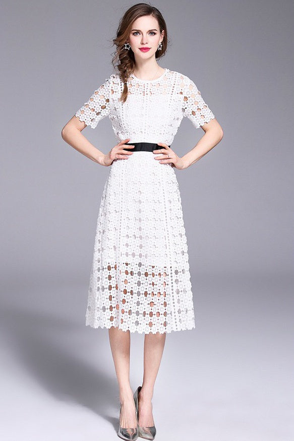 White Lace Fit and Flare Dress with Contrast Waist Band