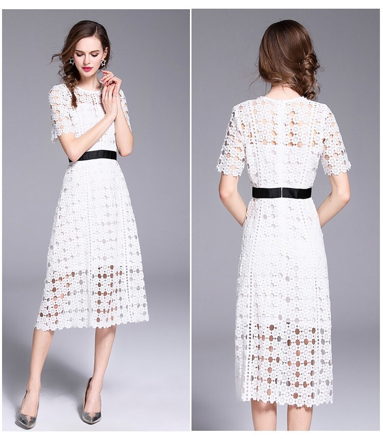 White Lace Dress W/ Contrast Band