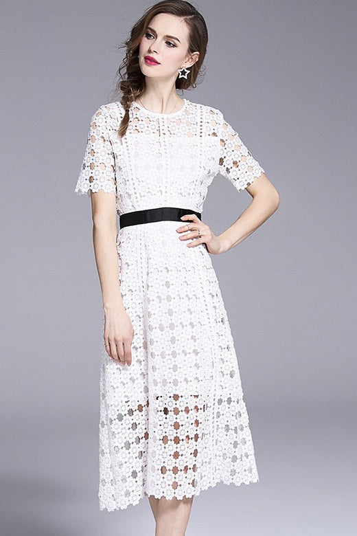 White Lace Dress W/ Contrast Band