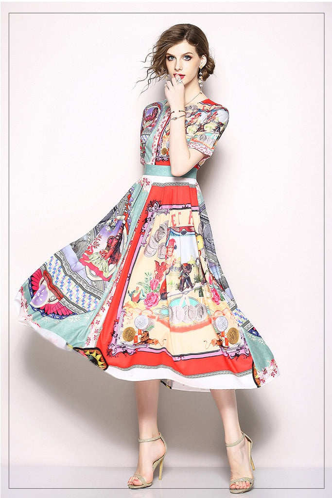Short Sleeve Vintage Print Dress