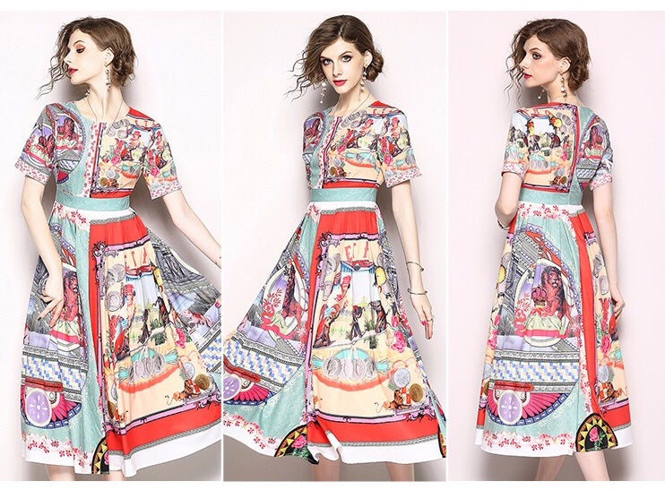 Short Sleeve Vintage Print Dress