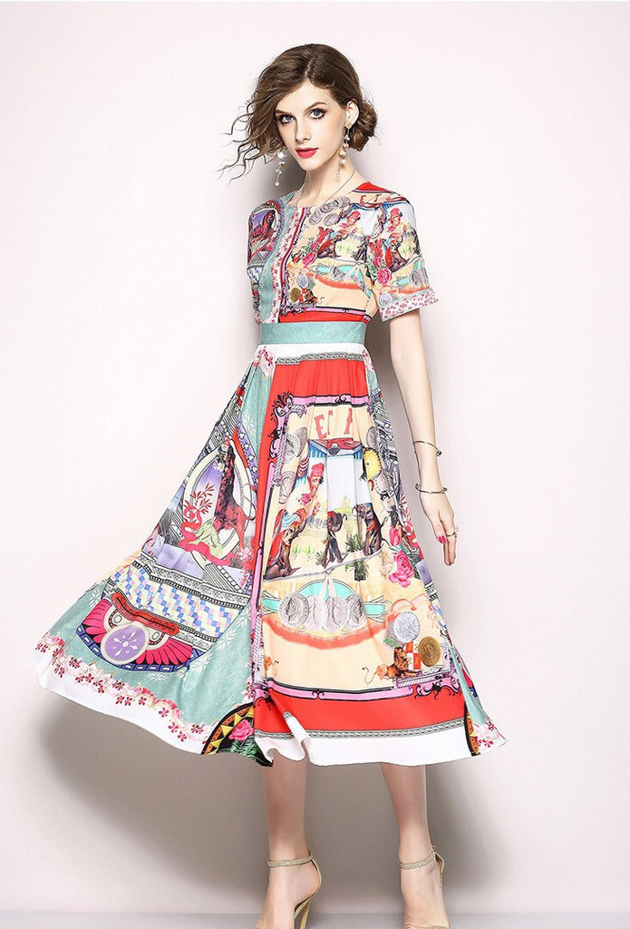 Short Sleeve Vintage Print Dress