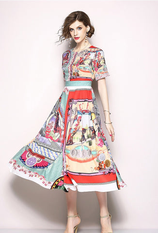 Short Sleeve Vintage Print Dress