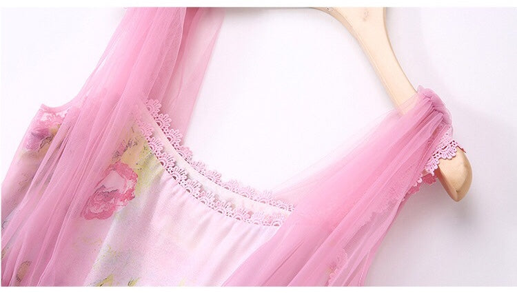 Chiffon Dress W/ Mesh Overlay