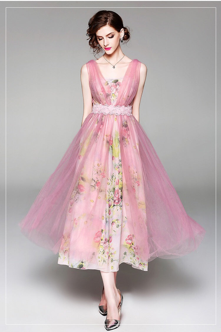 Floral Print Fit and Flare Party Dress With Mesh Overlay Dress Album