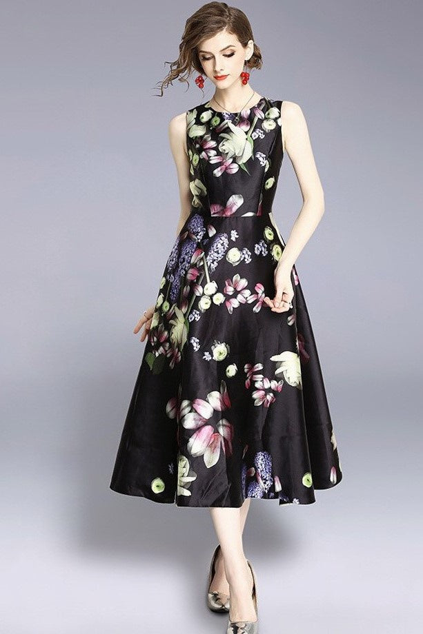 Black Floral Print Fit and Flare Dress | Dress Album L (US 6) Black Floral Print Fit and Flare Dress | Dress Album L (US 6)