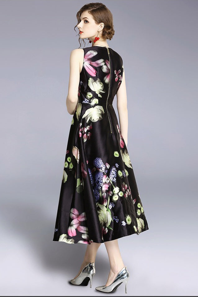 black floral dress knee length Print Midnight blue maxi dress
