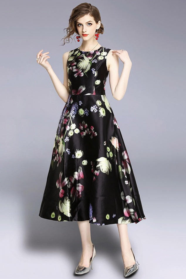 Black Floral Print Fit and Flare Dress Dress Album
