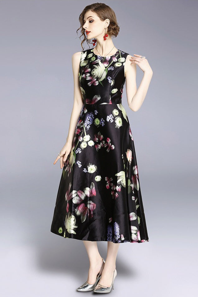 Black Floral Print Fit and Flare Dress | Dress Album