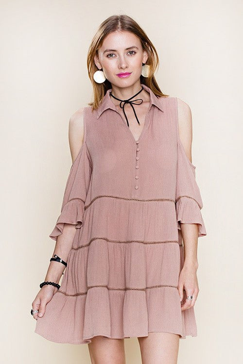 Cold Shoulder Button Down Dress - Dress Album