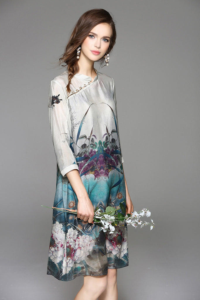 Floral Print Slit Silk Midi Dress - Dress Album