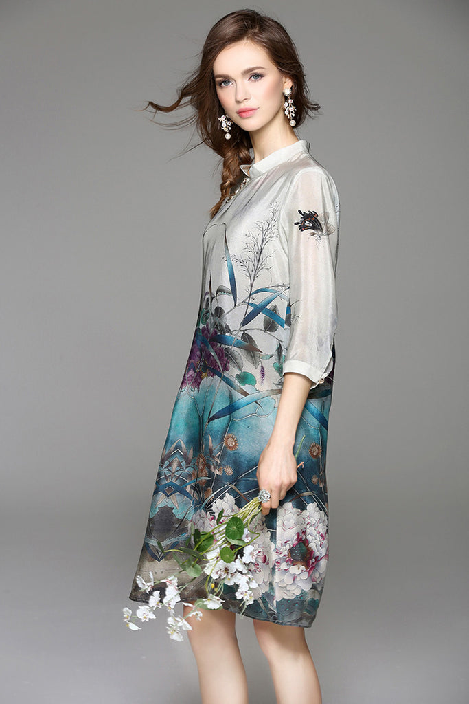 Floral Print Slit Silk Midi Dress - Dress Album