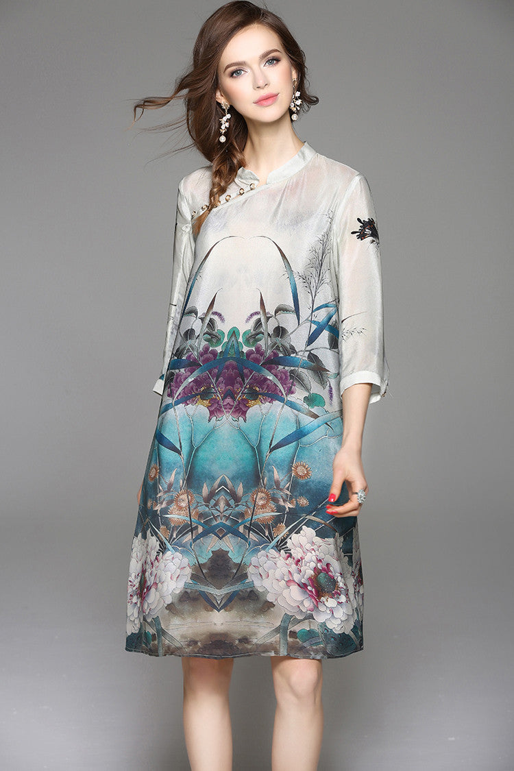 Floral Print Slit Silk Midi Dress | Silk Qipao Dress - Dress Album Floral Print Slit Silk Midi Dress | Silk Qipao Dress - Dress Album