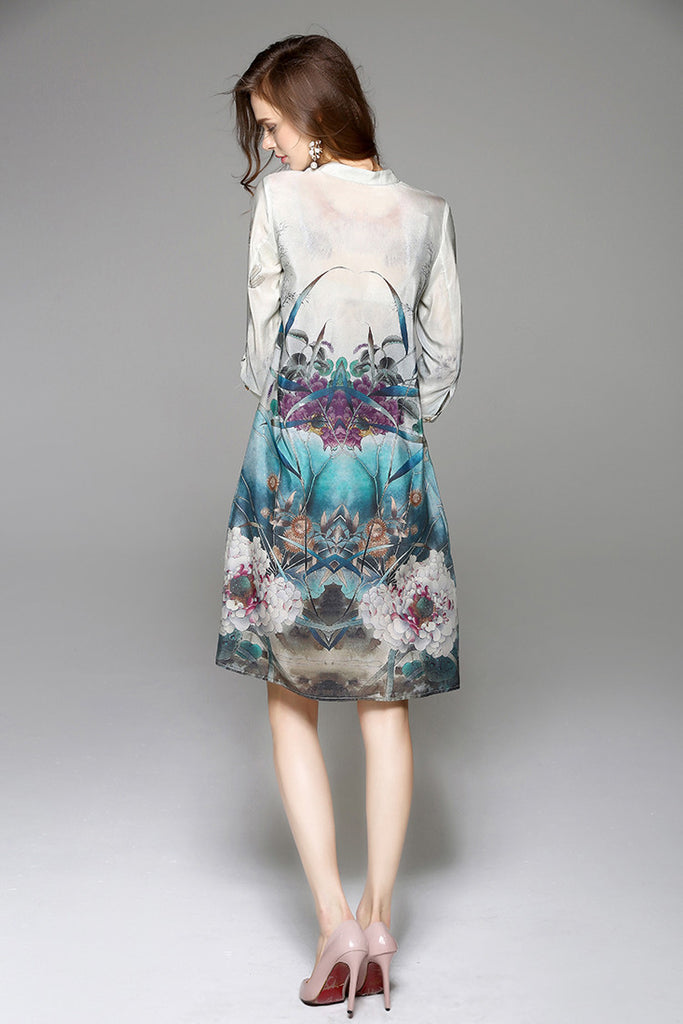 Floral Print Slit Silk Midi Dress - Dress Album