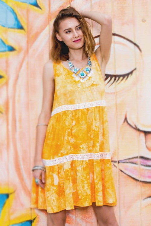 Tie Dye Jersey Crochet Trim Dress - Dress Album