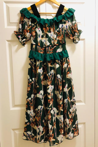 Green Cold Shoulder Ruffled Dress