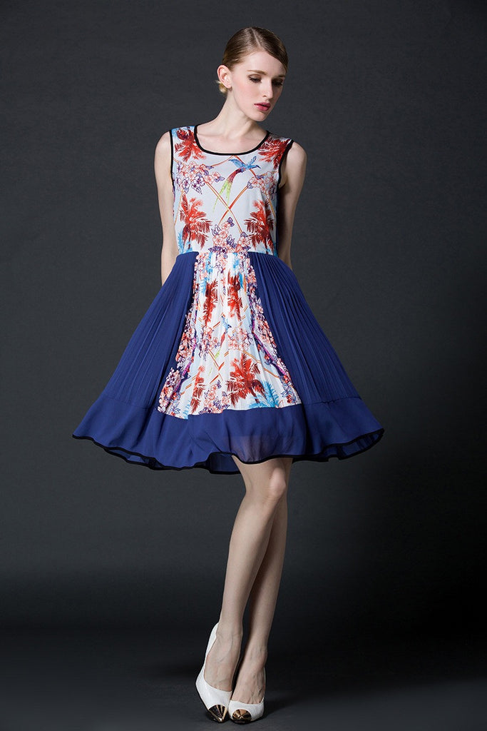 Floral Print Pleated Chiffon Dress