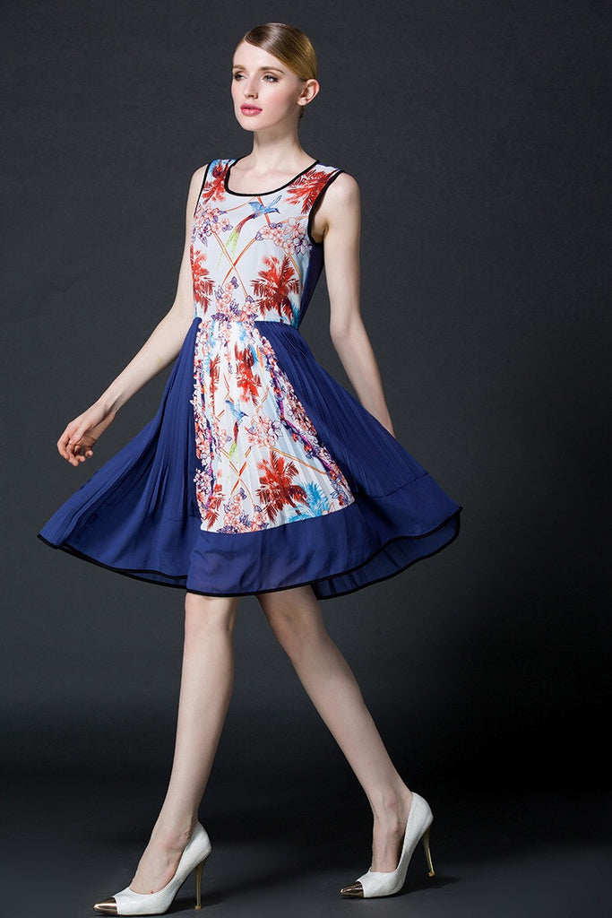 Floral Print Pleated Chiffon Dress