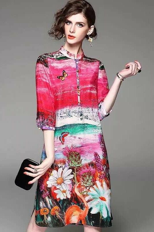 Scene Print Silk Midi Dress