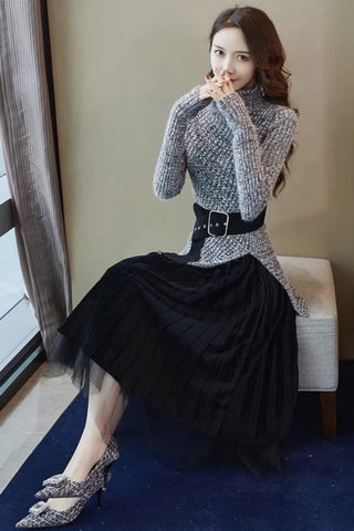 Sweater and Velvet Skirt Set - Dress Album