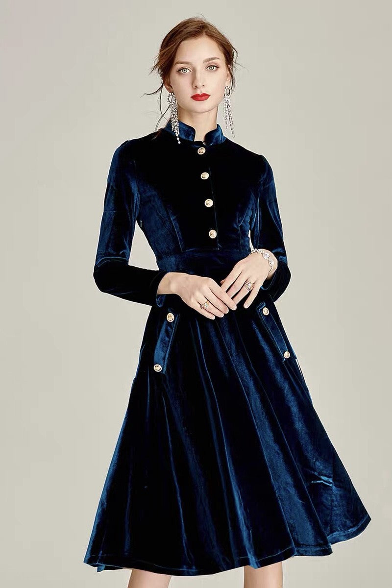 Stand Collar Skater Dress For Winter - Daytime Dress