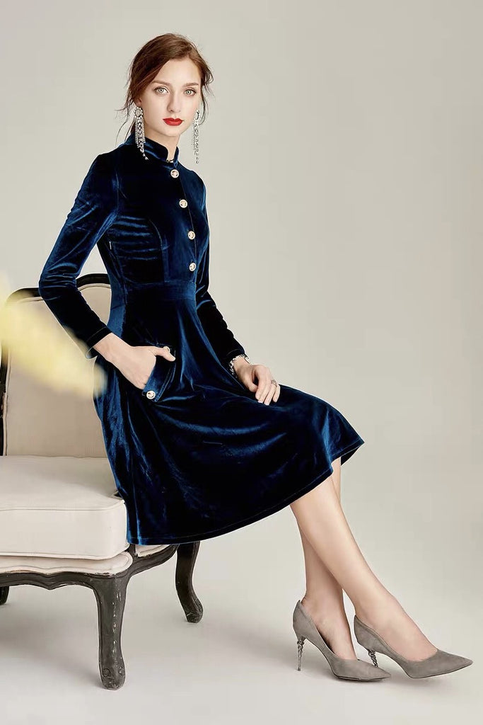 Stand Collar Velvet Dress